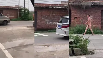 疫情期间肌肉男大帅哥在路上裸奔
