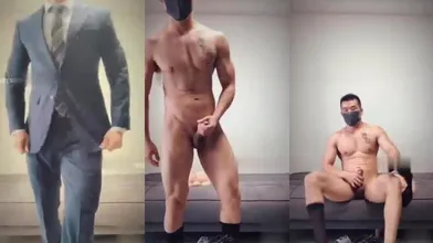 巨根黑袜肌肉西装男一件一件脱给你看