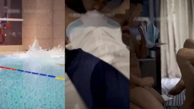 八哥新品首发,泳池遇上鲜肉男模一见钟情,忍不住勾引约到房间一起3p,上集