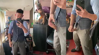 西装男掏大鸟自慰,激情喷射了几股精液