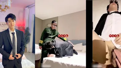 超火直男小男模和军痞兄弟在酒店聊骚,一不小心聊脱了,被他用大屌直插屁眼